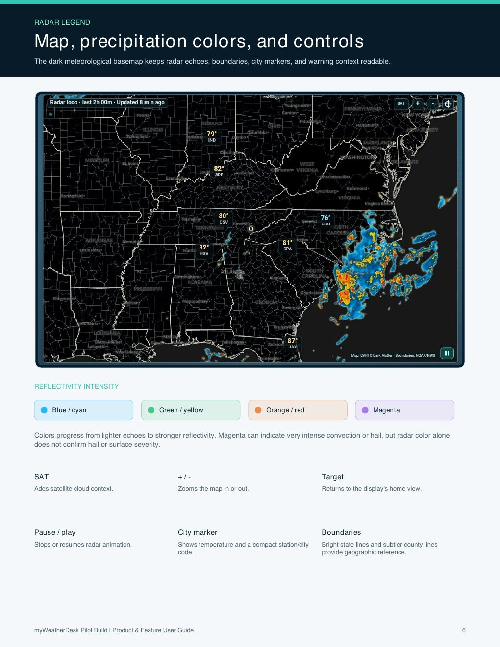 User guide page 6 of 11: Map, precipitation colors, and controls