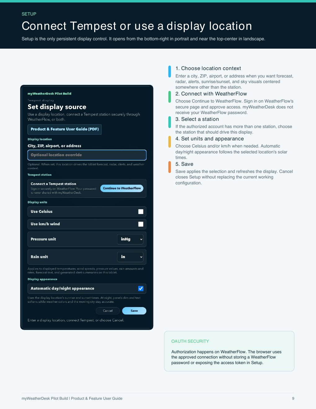 User guide page 9 of 11: Connect Tempest or use a display location