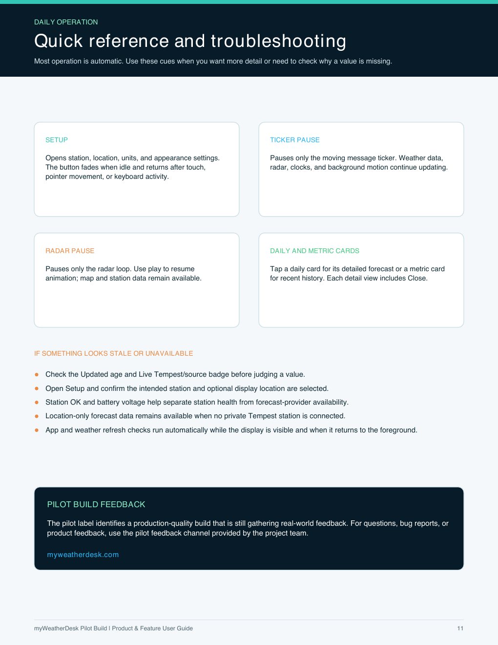 User guide page 11 of 11: Quick reference and troubleshooting