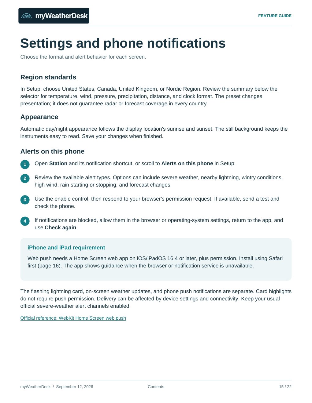 User guide page 15 of 22: Settings and phone notifications