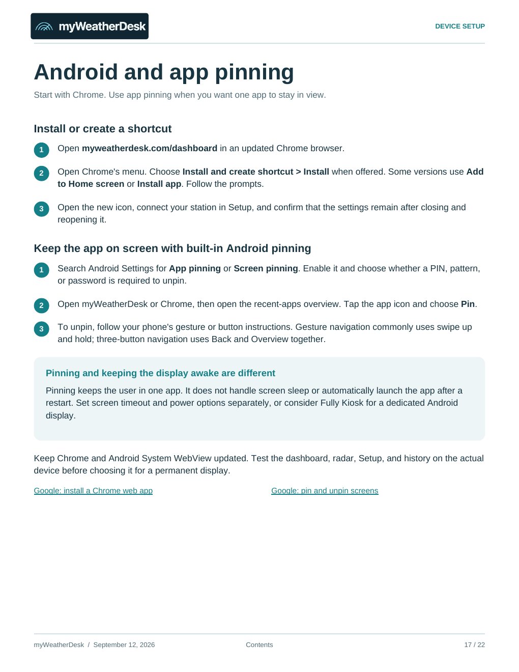 User guide page 17 of 22: Android and app pinning