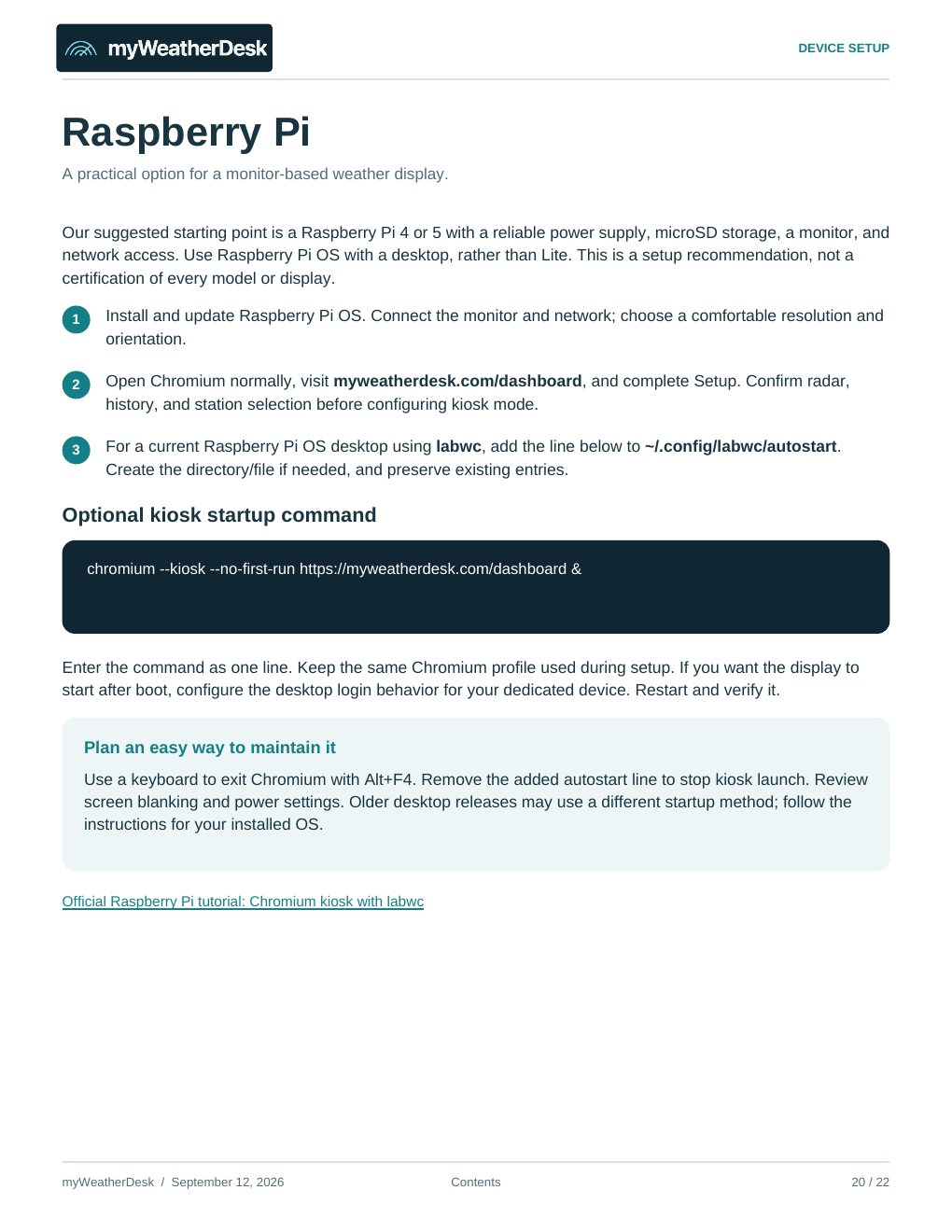 User guide page 20 of 22: Raspberry Pi
