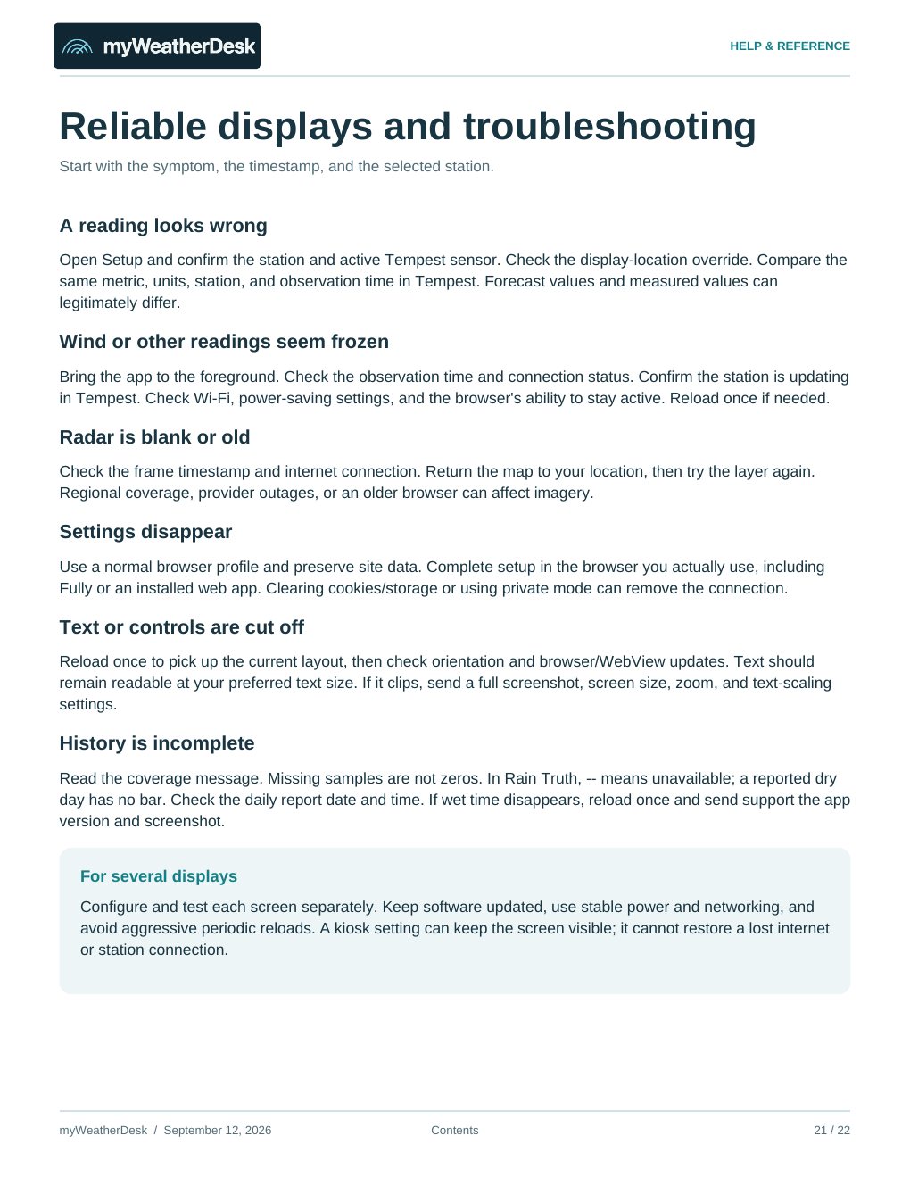 User guide page 21 of 22: Reliable displays and troubleshooting