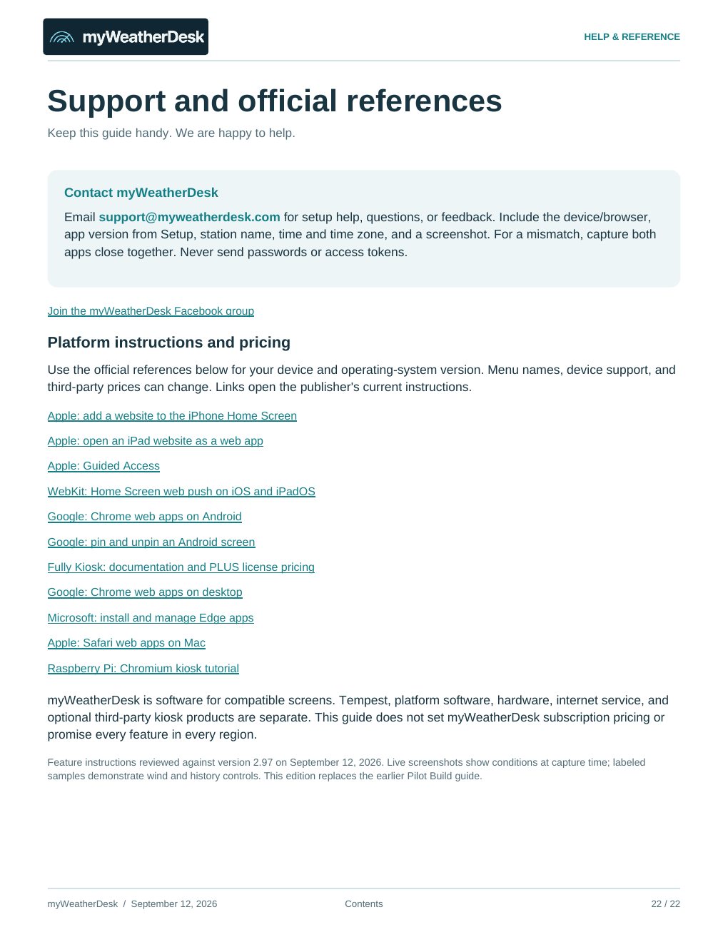 User guide page 22 of 22: Support and official references